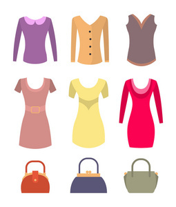 女性衣领为各种各样的顶部汇集以名字。妇女休闲和喜庆场合的时尚元素。经典与现代服装设计隔离卡通平面矢量插图集